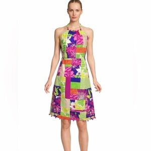 🩷Lilly Pulitzer patchwork halter dress  print with pom-pom trim.🩷SZ 2